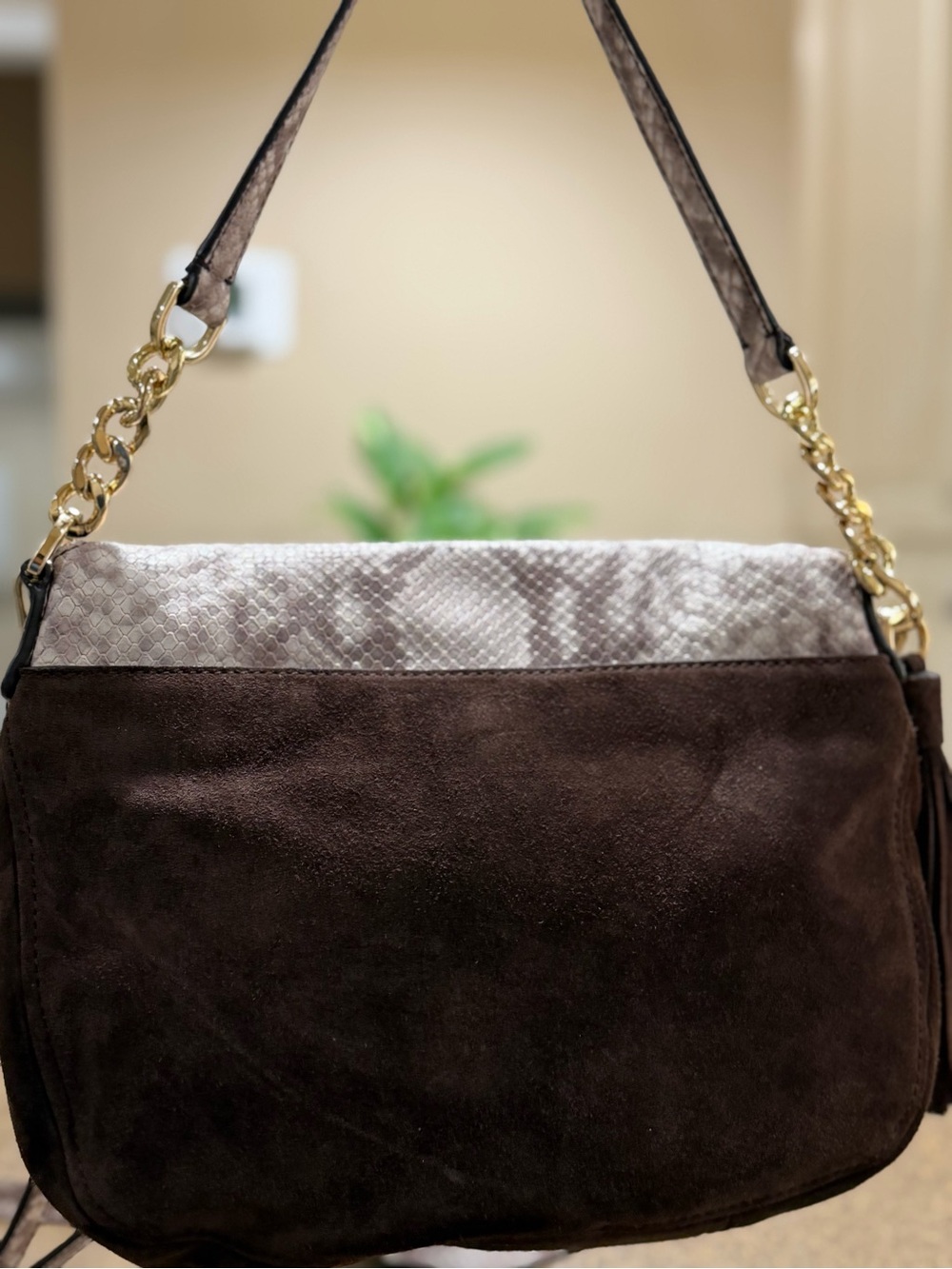 Michael Kors Brown Suede Crossbody with Snake-Print Flap - Picture 3 of 12